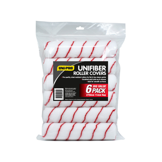 Pack of UNIFIBER roller covers with red stripes in a clear plastic bag on a white background.