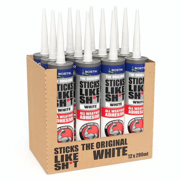 Bostik Sticks Like Sh T white all weather adhesive cartridge standing upright with nozzle attached on a white