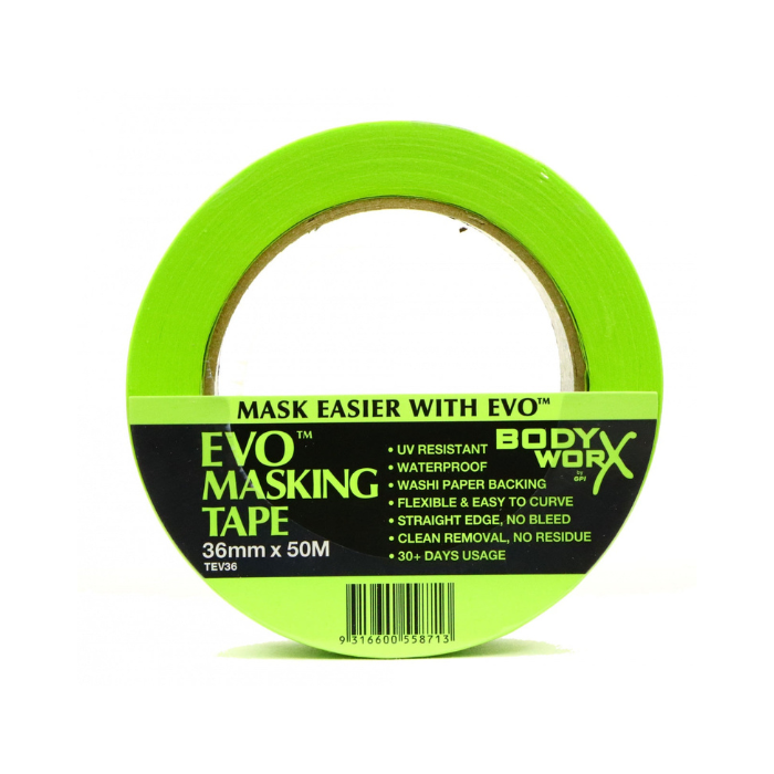 Green masking tape with 'Body Worx' branding on a white background
