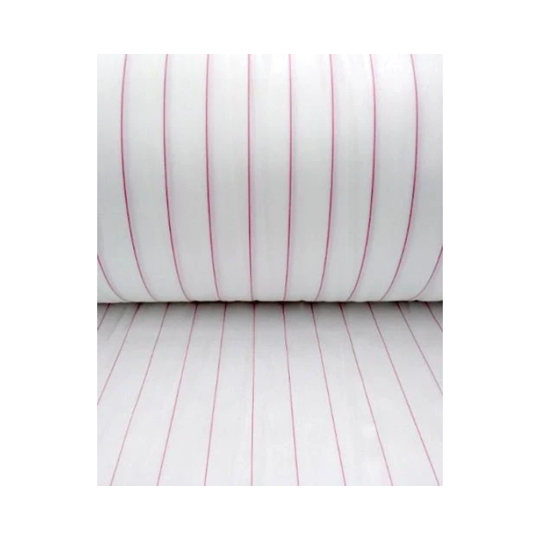 Roll of fabric with red vertical stripes on a white background