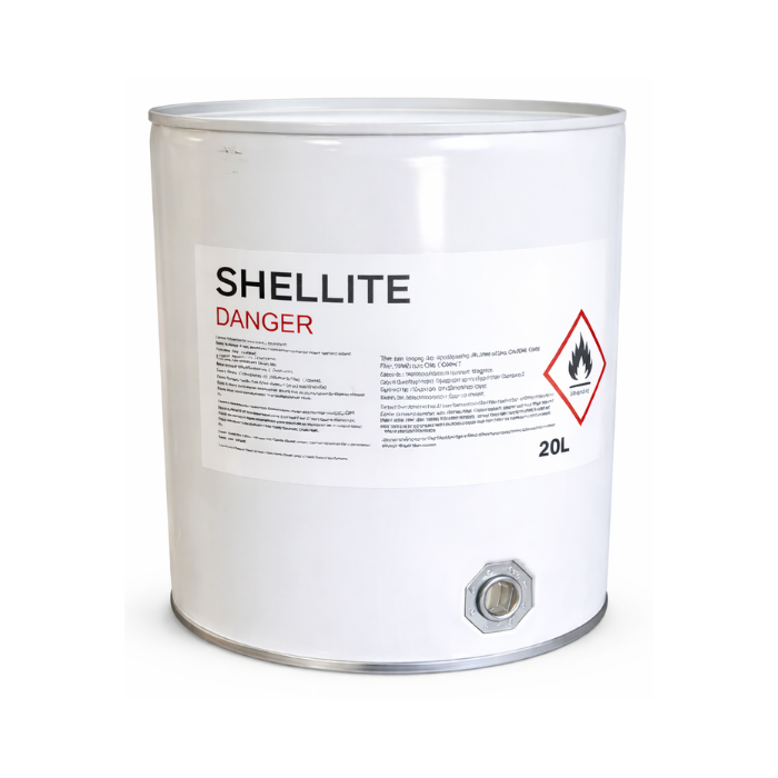 White container labeled 'Shellite' with danger warning on a white background 20L