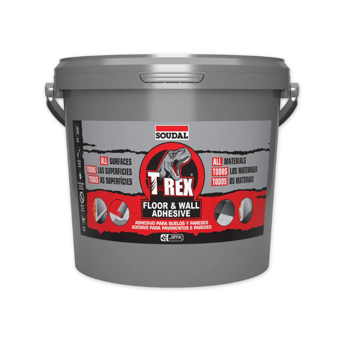 Gray bucket of Soudal T-Rex Floor & Wall Adhesive on a white background