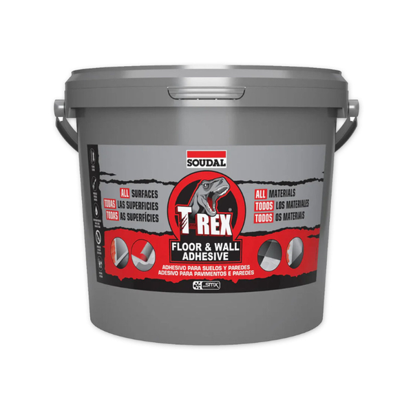 Gray bucket of Soudal T-Rex Floor & Wall Adhesive on a white background