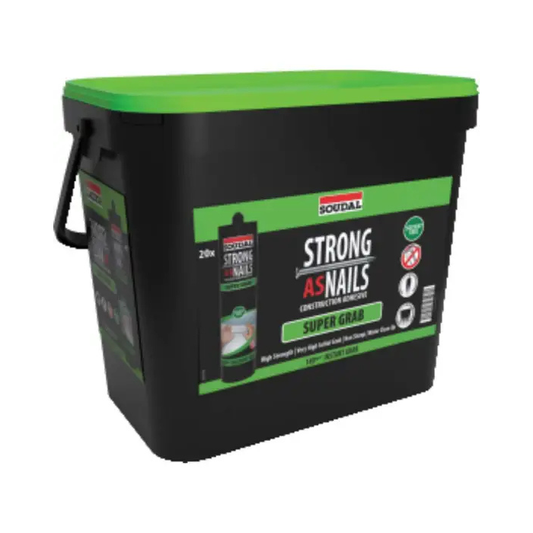 Black container with green lid labeled 'Strong As Nails' on a white background