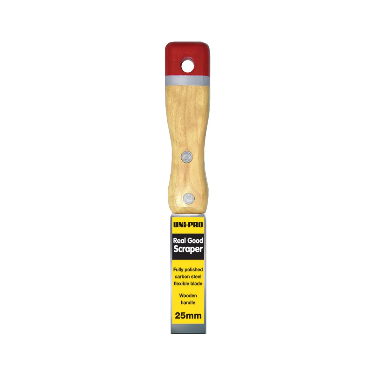 UNI-PRO 25mm Real Good Scraper with wooden handle and carbon steel blade for detailed paint and filler removal.