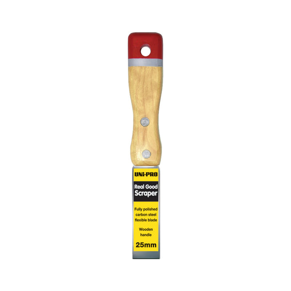 UNI-PRO 25mm Real Good Scraper with wooden handle and carbon steel blade for detailed paint and filler removal.