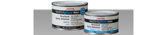 Techniglue R60 and H60 structural epoxy adhesive cans – high-strength, waterproof, gap-filling resin and hardener system for timber, fibreglass, metal, and composite bonding.