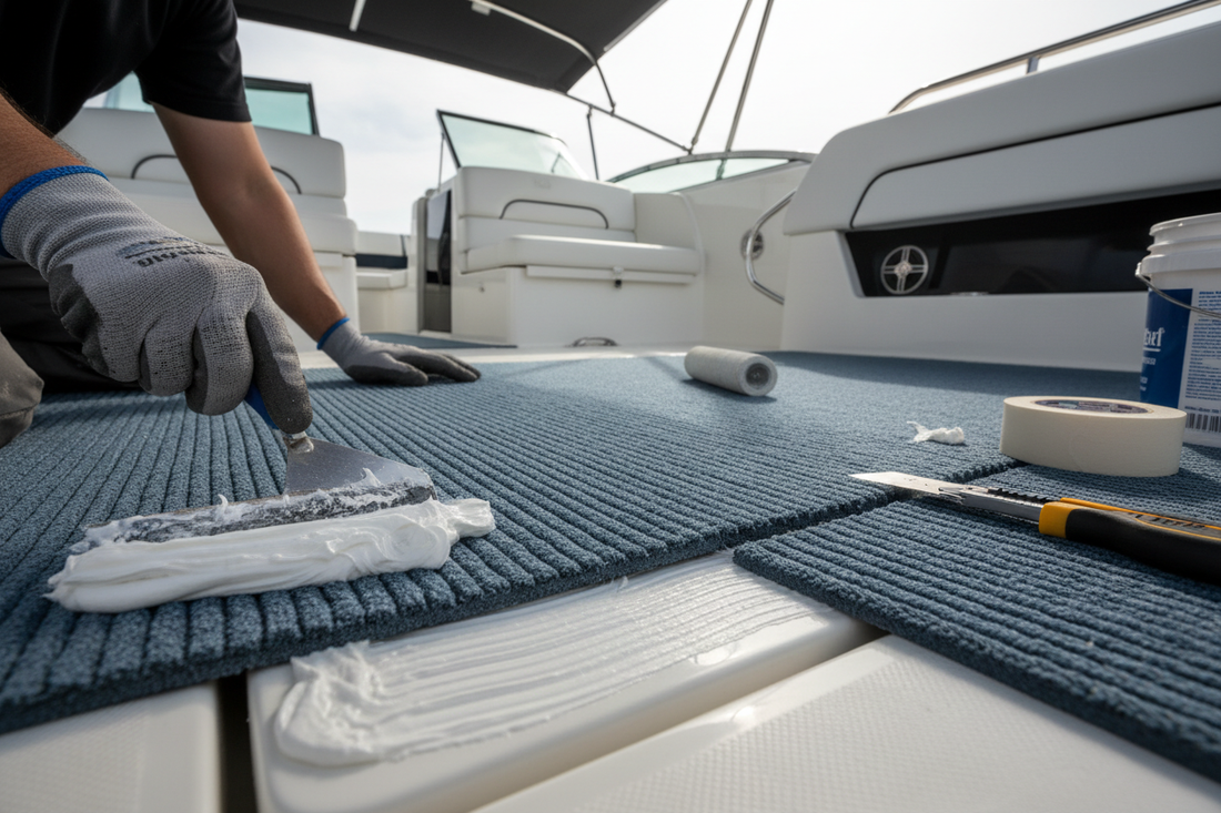 Marine carpet being installed on aluminium boat deck with industrial adhesive