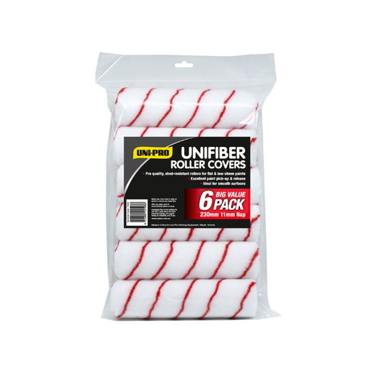 Pack of Unifiber roller covers with red and white stripes in clear packaging on a white background