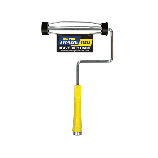 Paint roller with yellow handle and metal frame on a white background