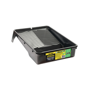 Black paint tray with a yellow label on a white background