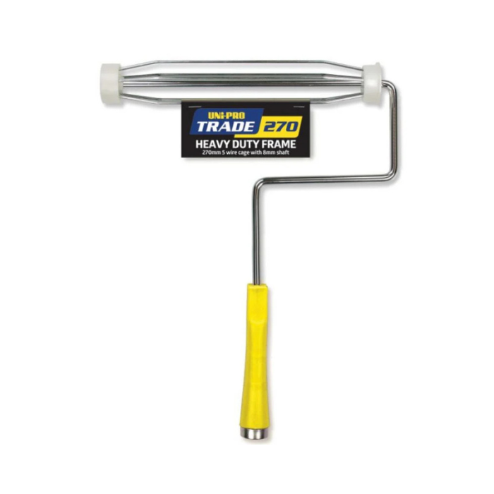 Paint roller with yellow handle and metal frame on a white background