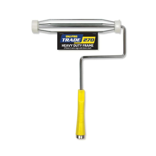 Paint roller with yellow handle and metal frame on a white background