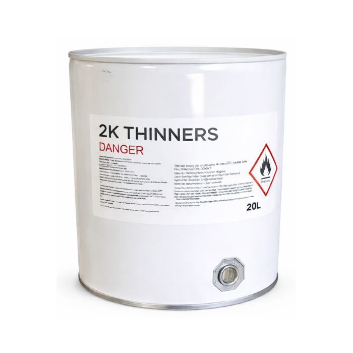 20L can of 2K Thinners with warning label on a white background