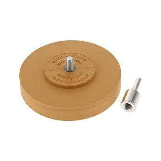 Adhesive remover eraser wheel with drill adapter — used for removing decals, stickers, and adhesive residue from vehicle panels without damaging the paint.