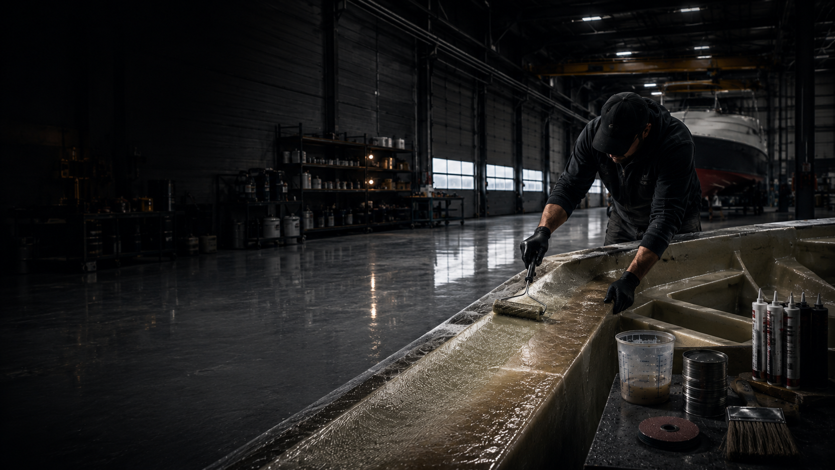 Laminator wetting out fibreglass on a composite hull