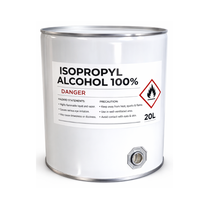 Can of isopropyl alcohol with warning label on a white background 20L