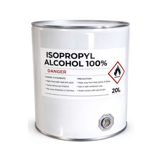 Can of isopropyl alcohol with warning label on a white background 20L