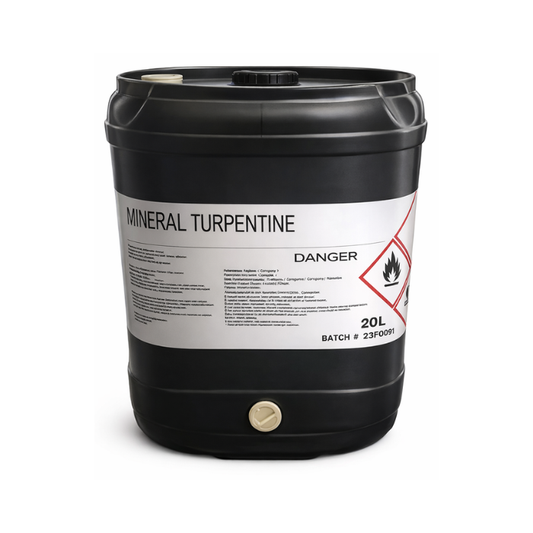 Black container of mineral turpentine with a warning label on a white background 20L