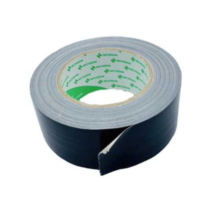 Roll of black tape with a visible brand logo on a white background