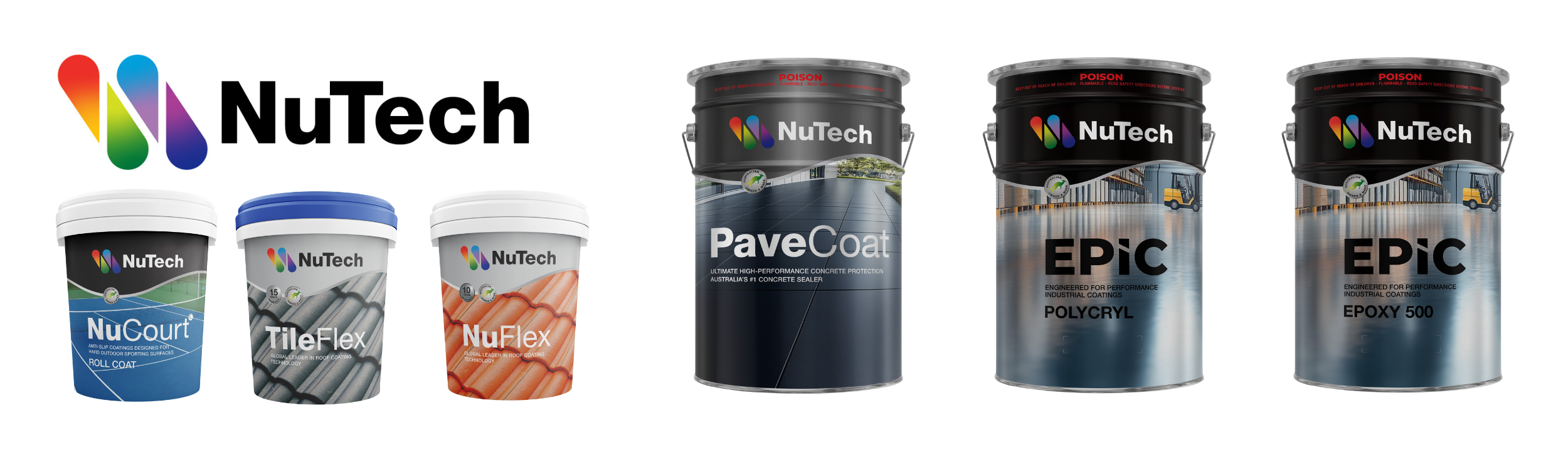 NuTech product lineup including containers labeled 'NuCount', 'NuFlex', 'PaveCoat', 'EPIC', and 'EPIC Extreme'.