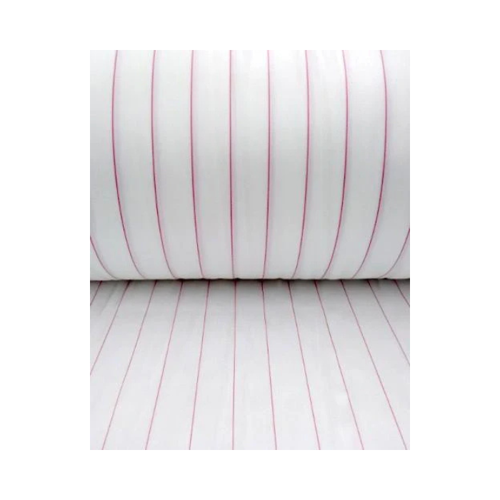 Roll of fabric with red vertical stripes on a white background