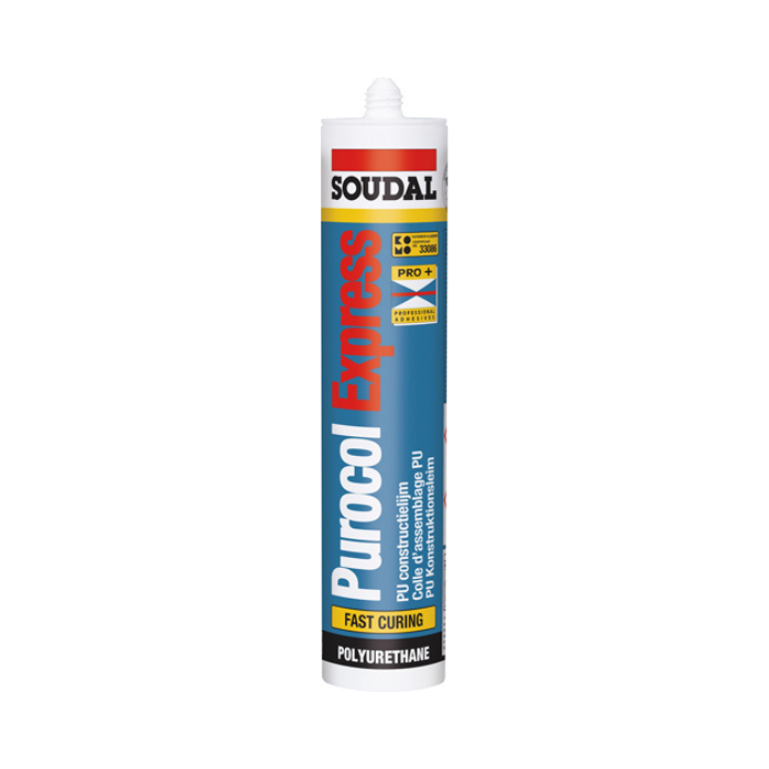 Soudal Purol Express polyurethane sealant cartridge on a white background