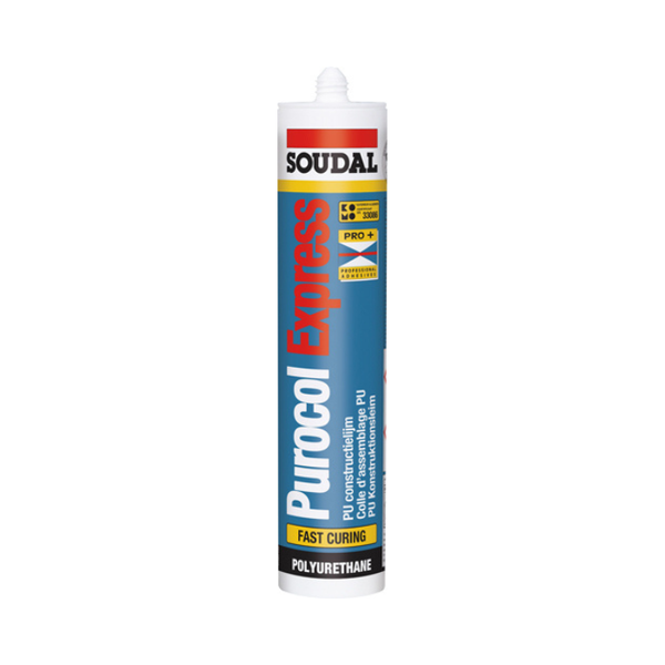 Soudal Purol Express polyurethane sealant cartridge on a white background