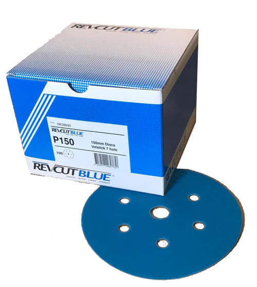Revcut Blue Hook & Loop Film Back Sanding Disc 150mm (Box of 100 discs) 7 HOLE