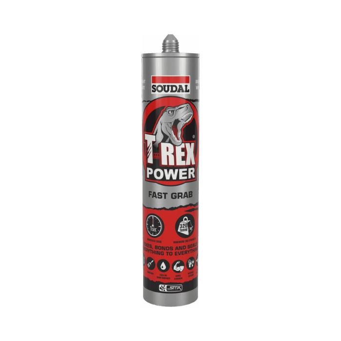 Soudal T-Rex Power Fast Grab adhesive cartridge on a white background