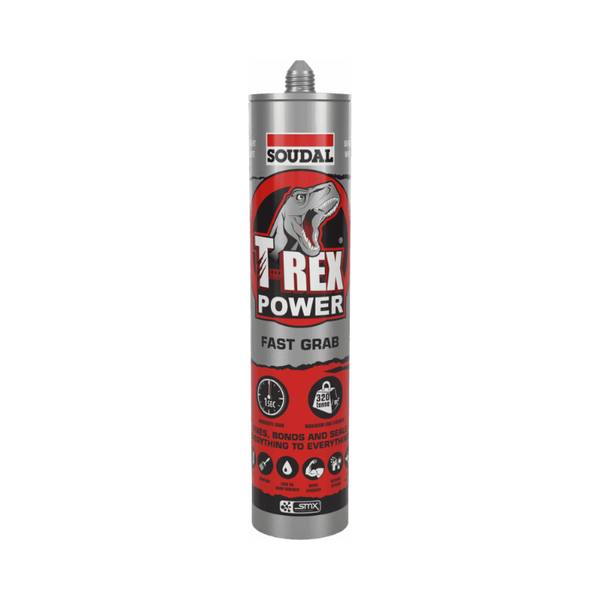 Soudal T-Rex Power Fast Grab adhesive cartridge on a white background