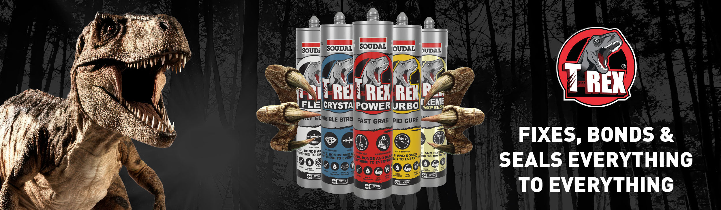 T-Rex model with Rexolite products and promotional text on a dark background