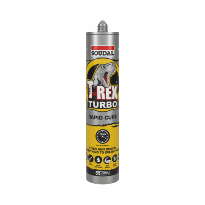 Soudal T-Rex Turbo rapid cure sealant can on a white background