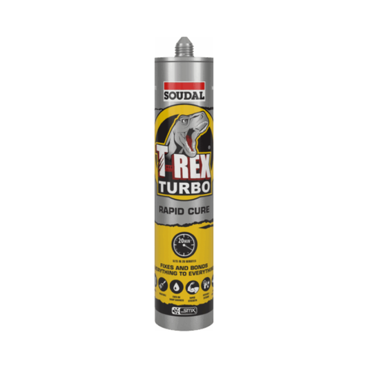 Soudal T-Rex Turbo rapid cure sealant can on a white background