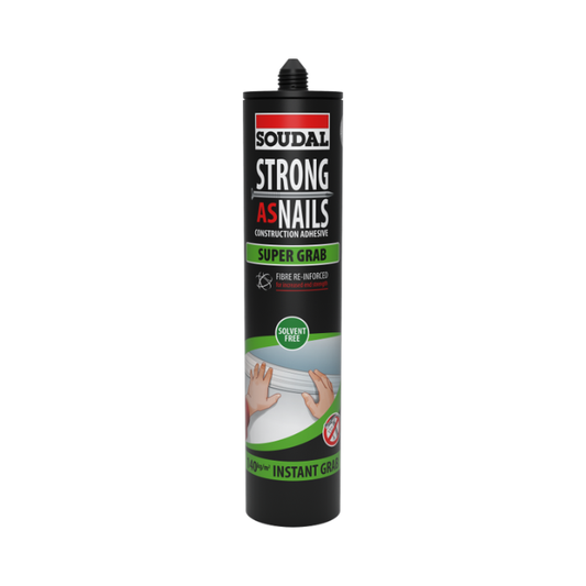 Soudal Strong as Nails construction adhesive can on a white background