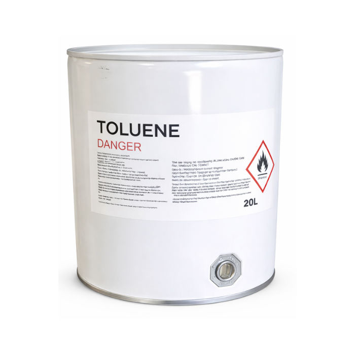 White container labeled 'Toluene' with danger warning on a white background 20l
