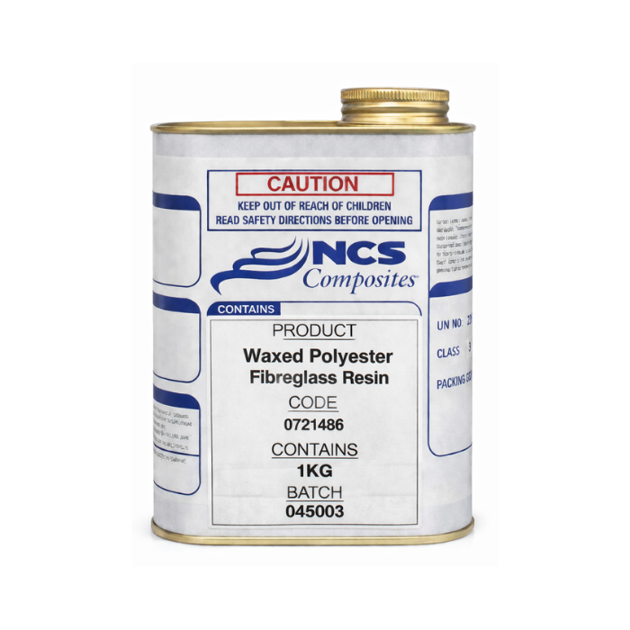 Can of NCS Composites waxed polyester fiberglass resin on a white background
