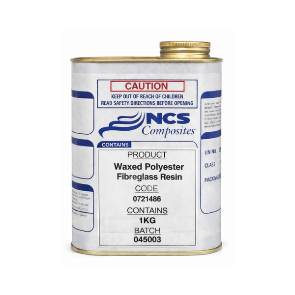 Can of NCS Composites waxed polyester fiberglass resin on a white background