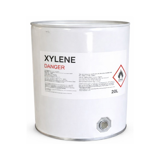 White container labeled 'Xylene' with danger warning on a white background 20L