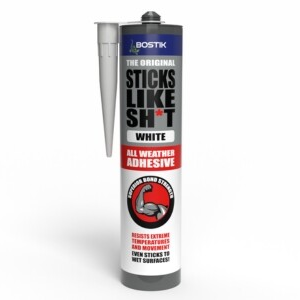 Bostik Sticks Like Shit white all weather adhesive for strong bonding on wood, metal, concrete, and most surfaces.