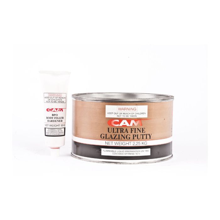 CAM Ultra Fine Glazing Putty 2.25kg with BPO body filler hardener for automotive finishing and panel repair