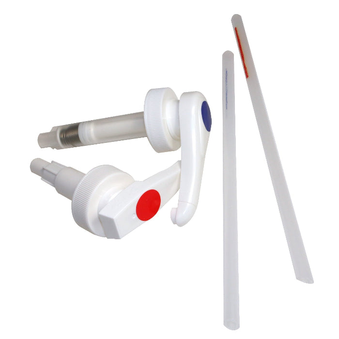 Epoxy resin and hardener dispensing pump set with dip tubes for accurate 5:1 and 2:1 ratio mixing applications.