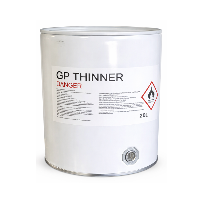 White can of GP Thinner with a warning label on a white background 20L