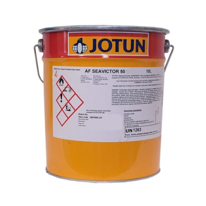 Jotun AF Seavictor 50 10L marine antifouling coating in yellow and red metal pail