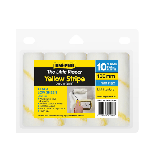 UNi-PRO Little Ripper 100mm Mini Roller Covers 11mm Nap - Yellow Stripe 10 Pack
