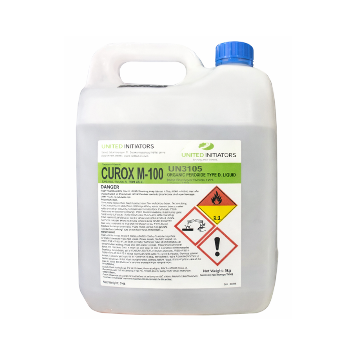 White container with a blue cap labeled 'CUROX M-100' on a white background