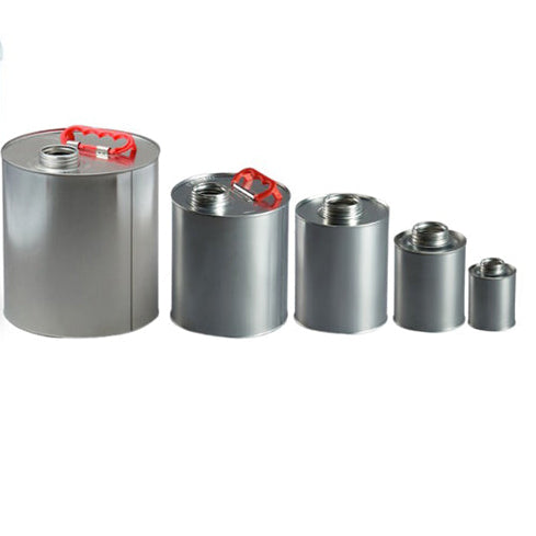 Range of metal screw lid cans in various sizes for storing paints, solvents, and industrial liquids securely.