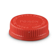 Red child-resistant poison cap for metal cans used to safely seal and store hazardous or flammable liquids.
