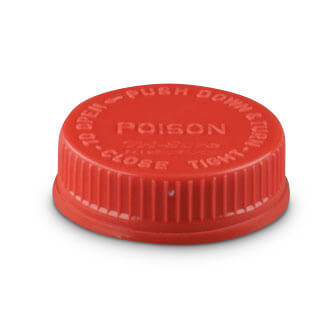 Red child-resistant poison cap for metal cans used to safely seal and store hazardous or flammable liquids.