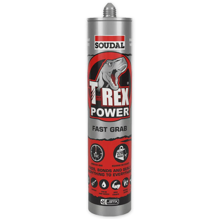 Soudal T-Rex Power Fast Grab SMX Hybrid Adhesive Sealant – 290 mL cartridge for industrial bonding and sealing, supplied by Iron Link Distributors Australia.